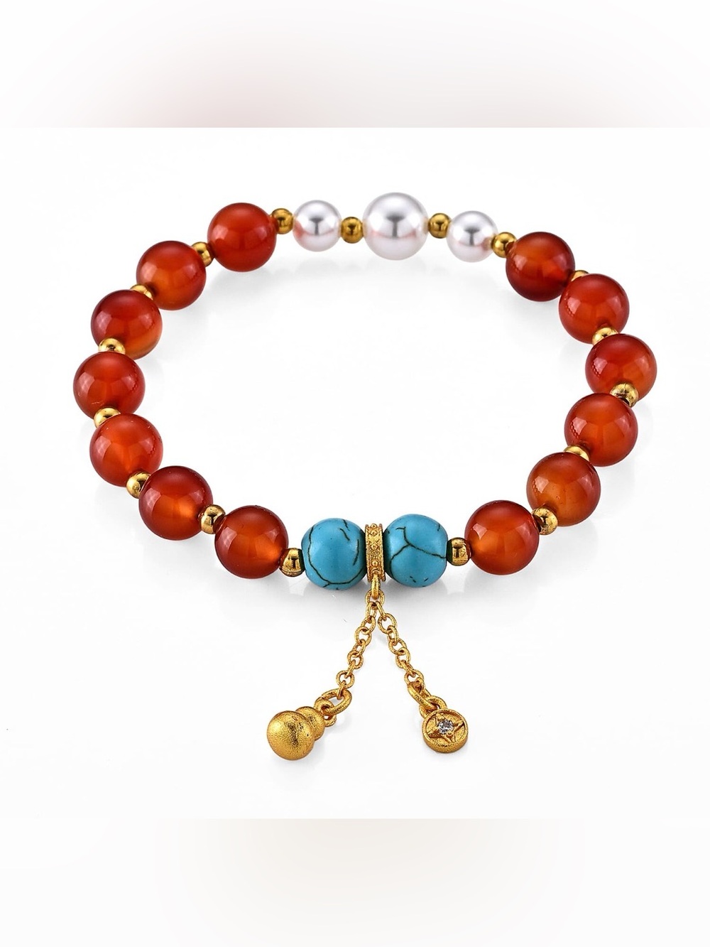 Red Agate, Freshwater Pearl & Turquoise Beaded Bracelet